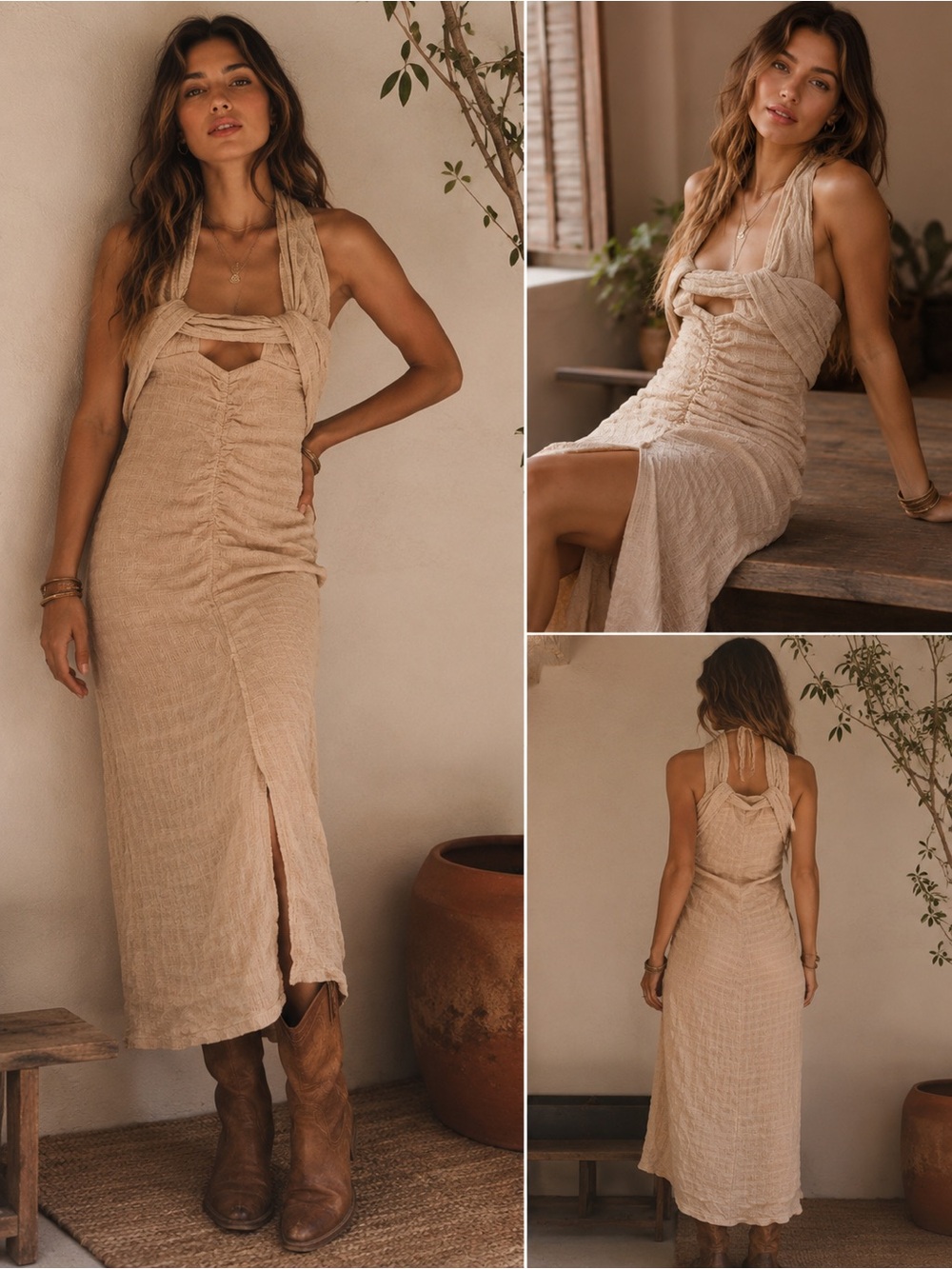 Free People Textured Ruched Halter Midi Dress Size Small Boho Cottagecore